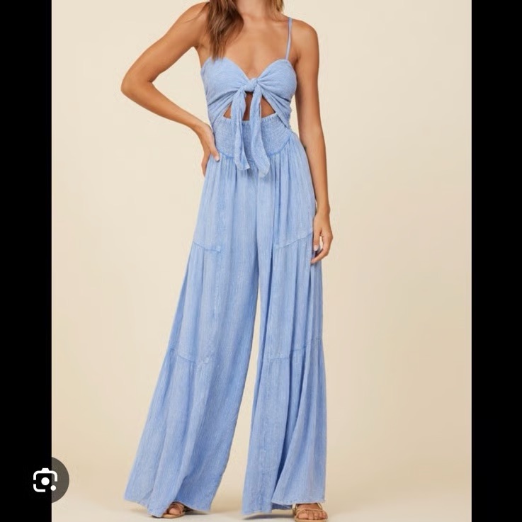 Surf Gypsy Tie Front Jumpsuit Blue Metallic Wide Leg Size Medium